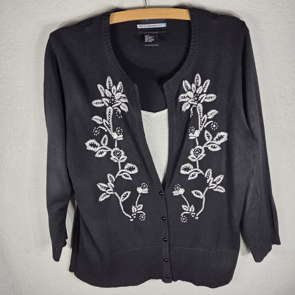 Requirements Black Floral Embroidered Cardigan Sweater Size Large
